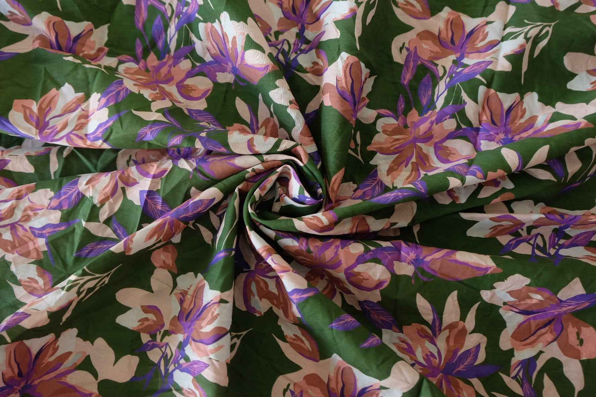 Forest Green & Lilac Floral Cotton Lawn Fabric – 2.5 yd