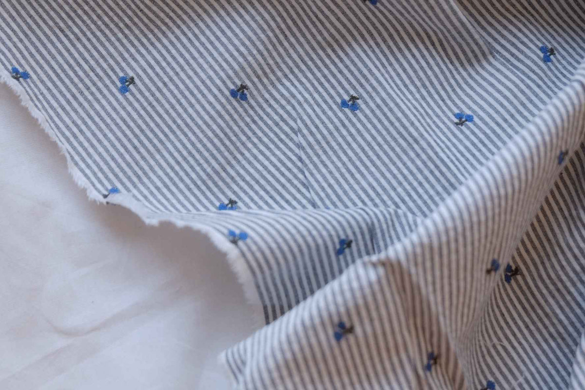 Blue Cherry Embroidered Yarn-Dyed Striped Cotton Jacquard Fabric – 2.2 yd