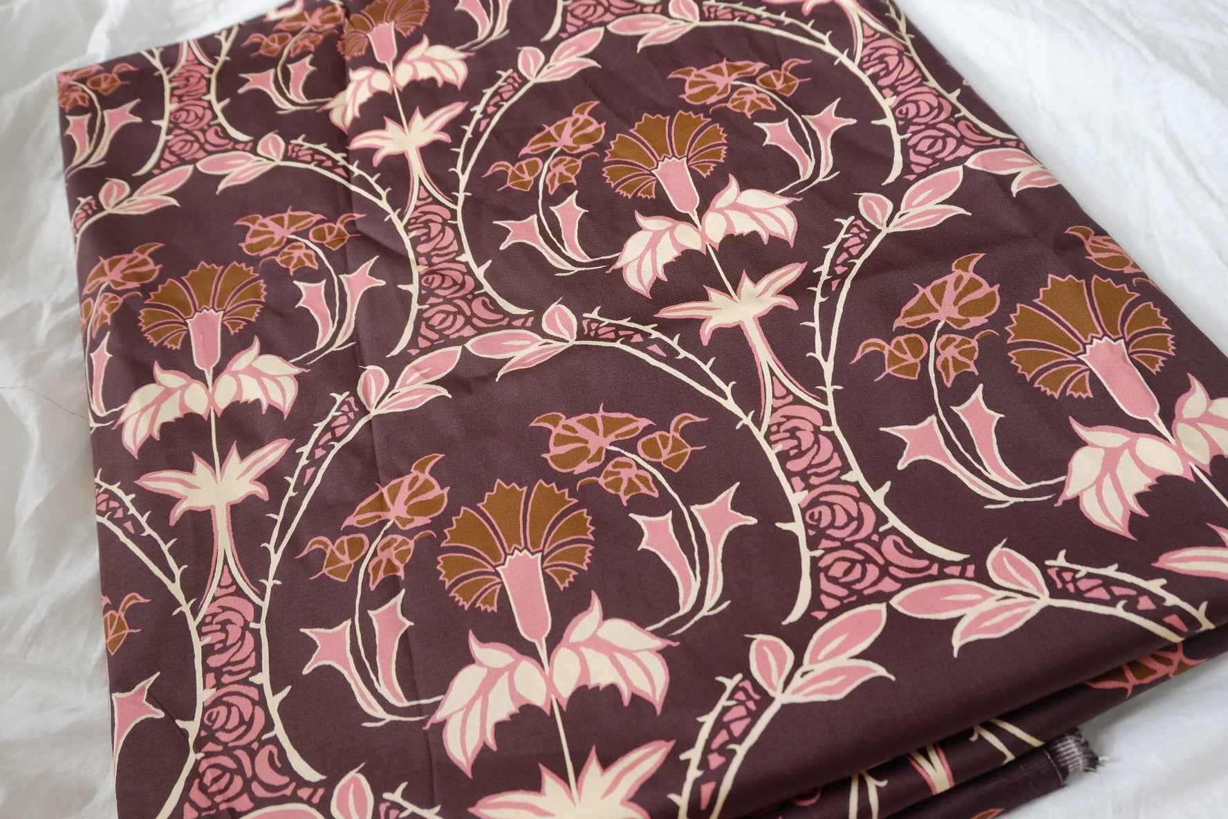 Brown Pink Floral Stretch Cotton Sateen Fabric - 1.64 yd