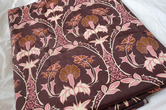 Brown Pink Floral Stretch Cotton Sateen Fabric - 1.64 yd
