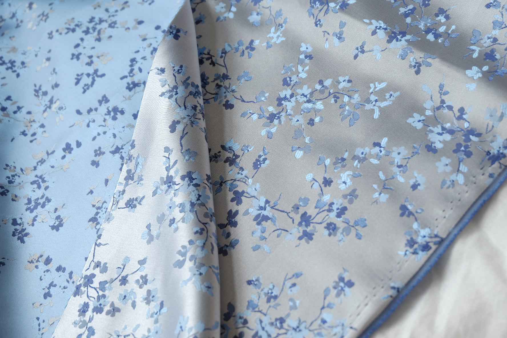 Reversible Blue Floral Brocade Satin Fabric, Soft Dress Weight, 2.19 Yards