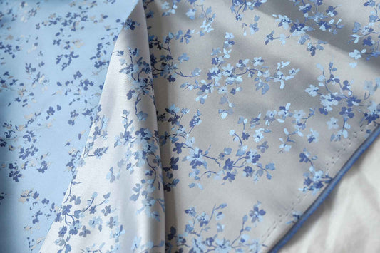 Reversible Blue Floral Brocade Satin Fabric, Soft Dress Weight, 2.19 Yards
