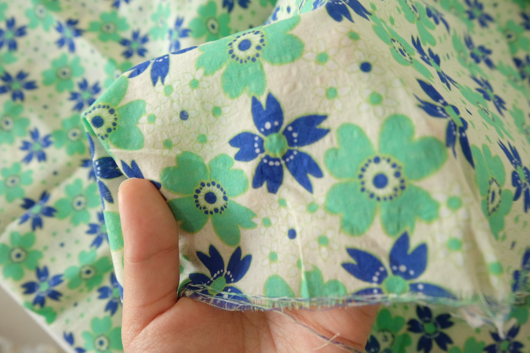 Cotton Poplin Fabric – Blue & Green Floral Print  1.64 yds