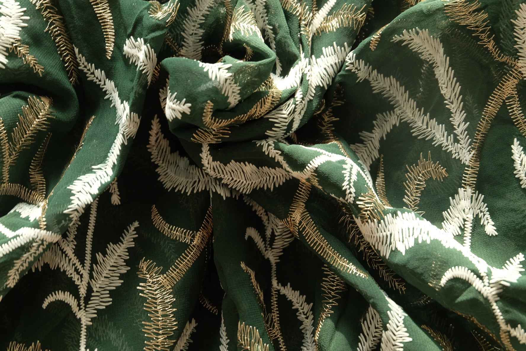 Emerald Green Embroidered Mesh Fabric with Gold Thread, 2.73 Yards