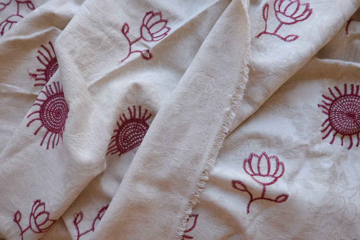 Burgundy Folk Floral Embroidered Jacquard Cotton Linen Fabric – 2.19 yd