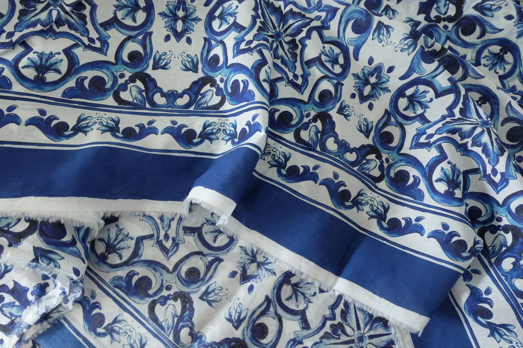Blue Tile Border Print Cotton Voile Fabric – 3.3 yd