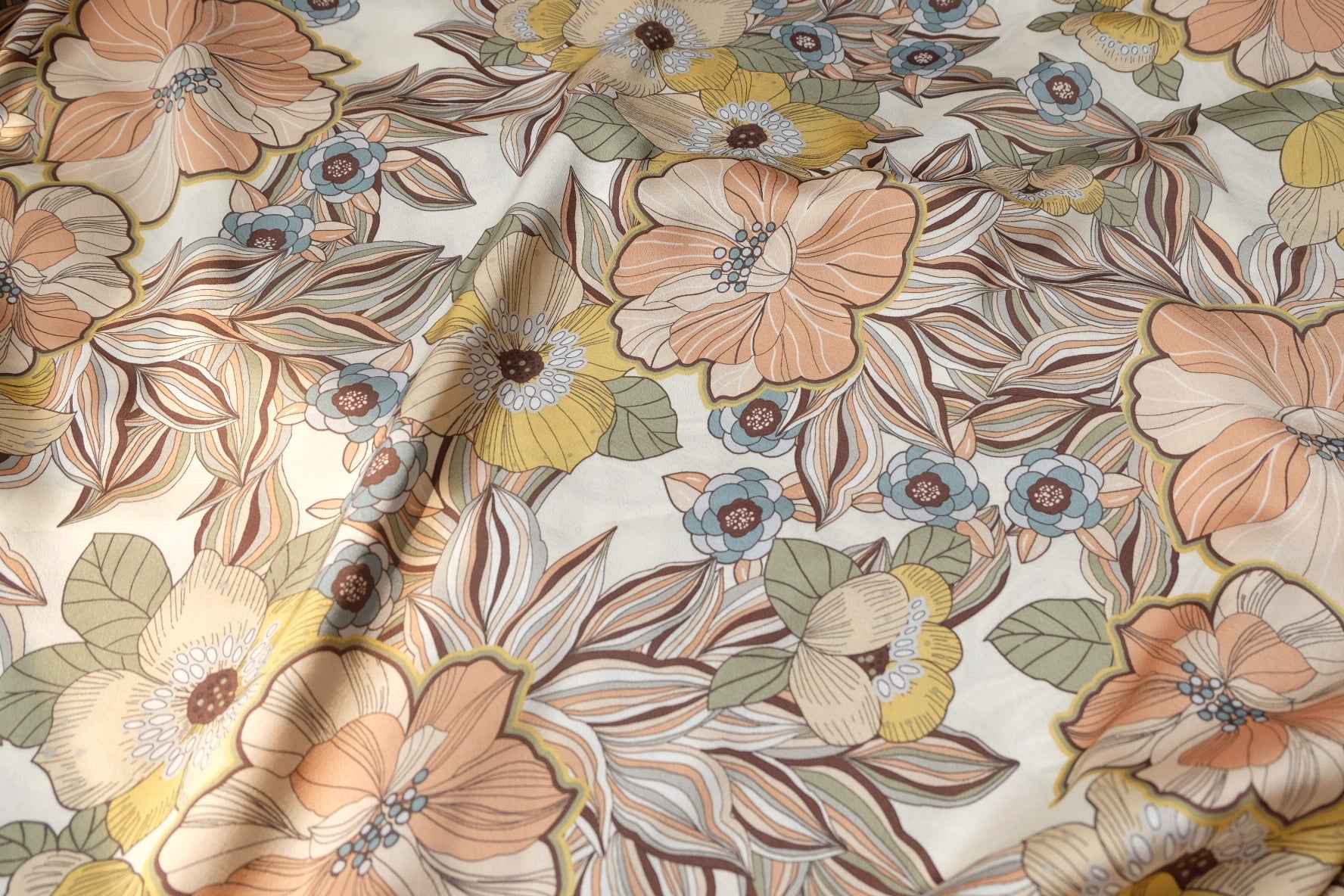 Vintage Floral Satin Fabric, Smooth Dress Weight in Cream, 3.28 Yards