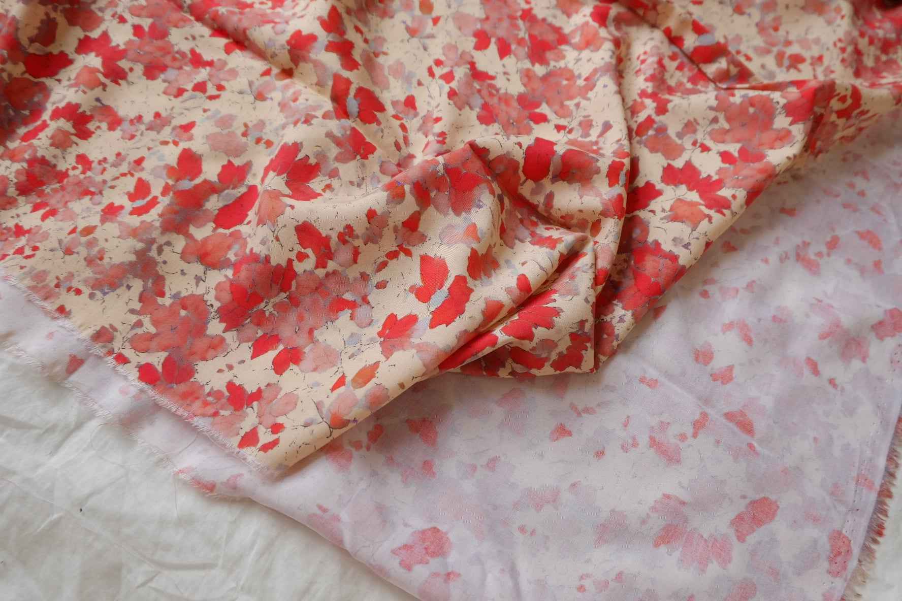 Red Abstract Leaf Rayon Challis Fabric - 3.28 yd