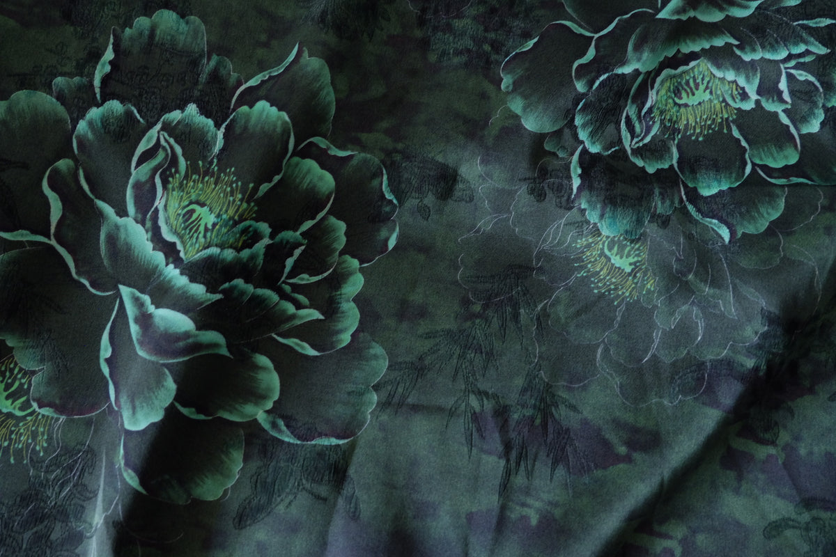 Midnight Emerald Floral Viscose Jacquard Satin-2.2 yards