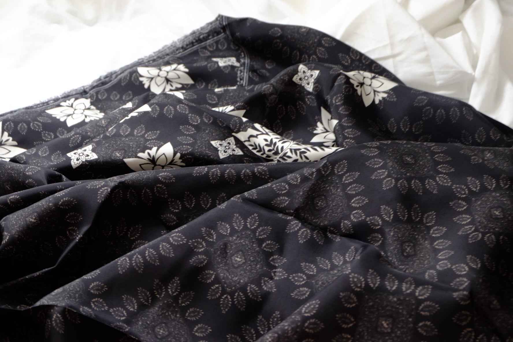 Black Statement Cupro Placement Print Fabric, Cool Drapey, Approx. 2+ Yard Panel