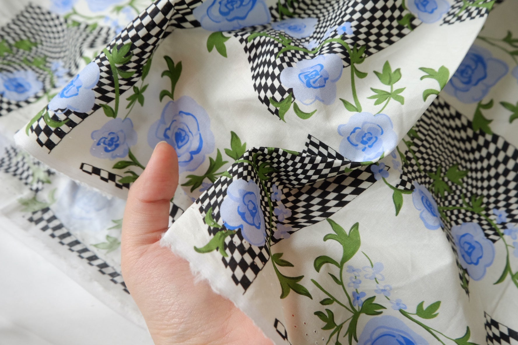 Blue Rose Checkerboard Cotton Poplin Fabric - 1.97 yd
