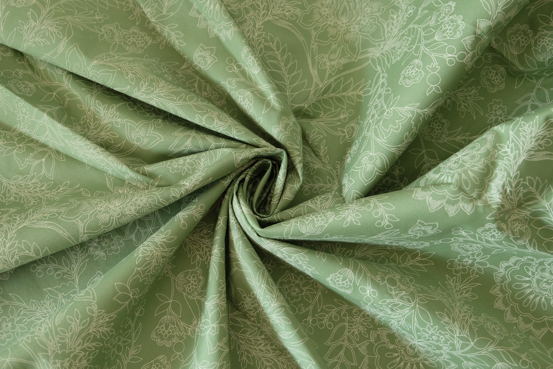Sage Botanical Line Art Cotton Fabric – Structured Floral Print – 3.3 yd
