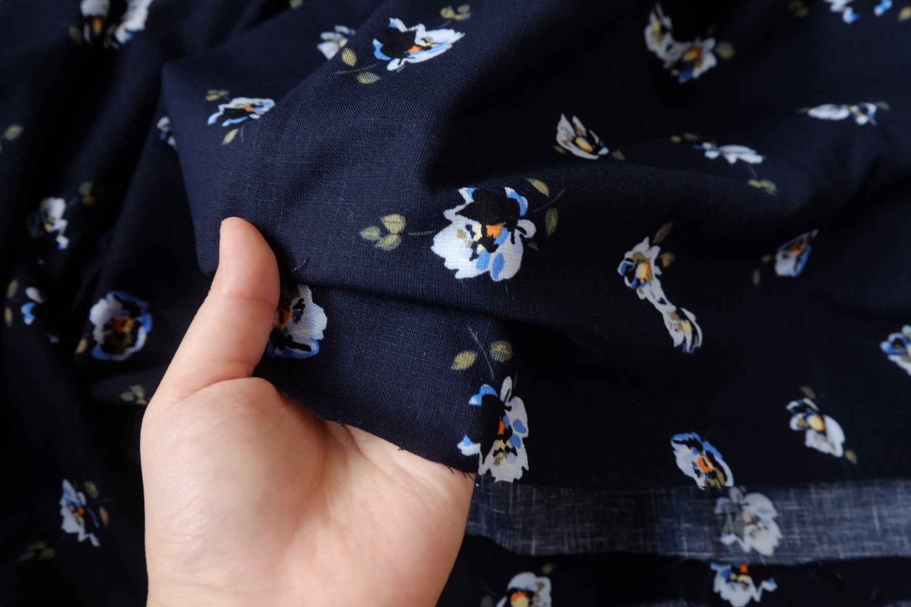 Navy Floral Cupro Linen Blend Fabric - 1.64 yd