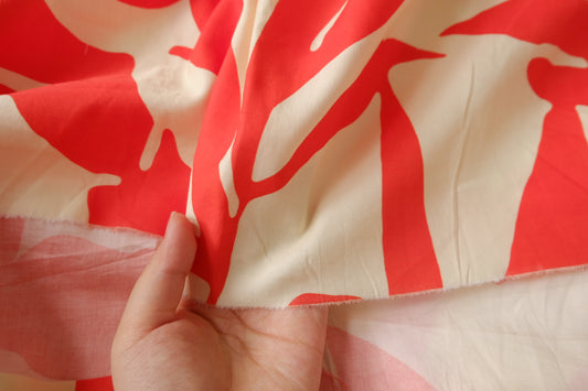 Bold Coral Botanical Cotton Poplin Fabric, 1.6 Yards