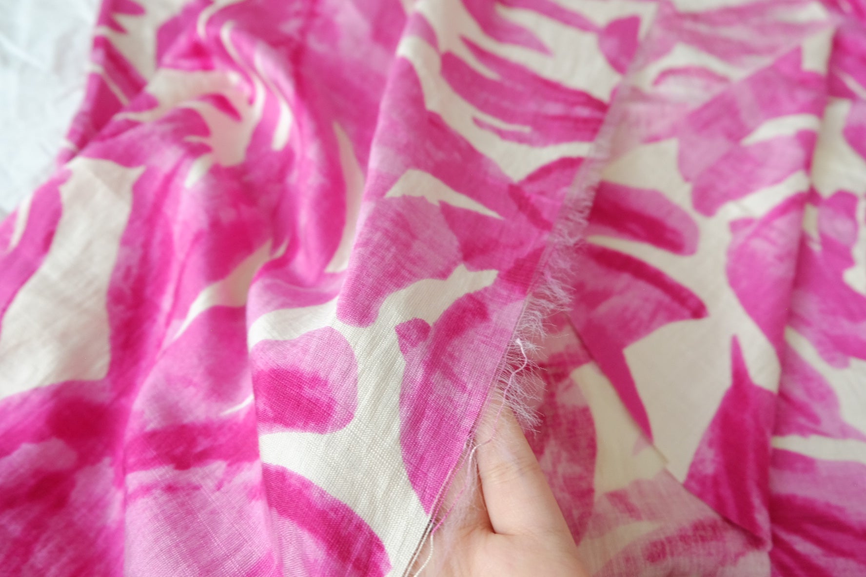 Heavy Tencel Linen Blend with Pink Leaf Print 2 Yards