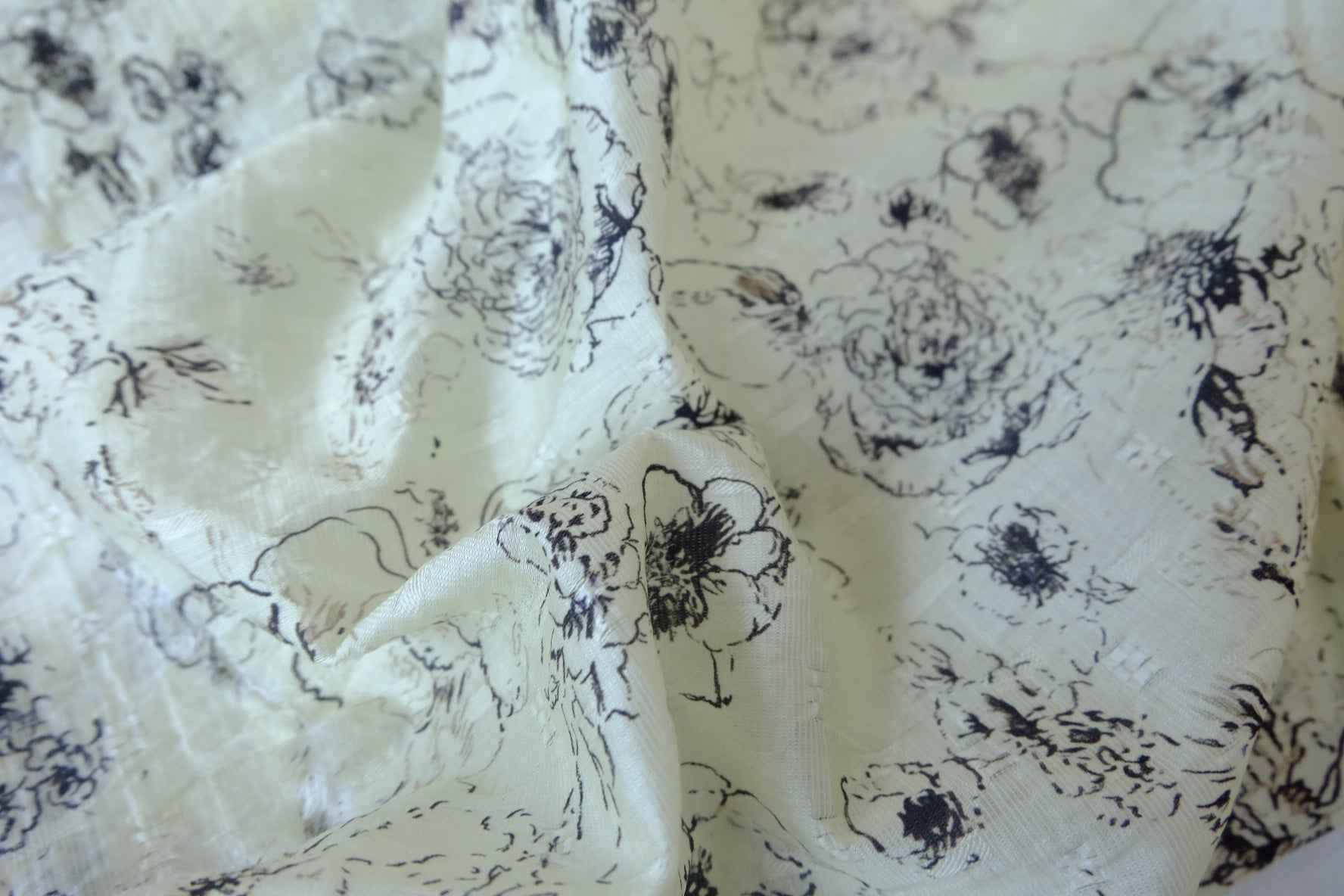 Ivory Sketch Floral Textured Polyester Fabric - 4.37 yd