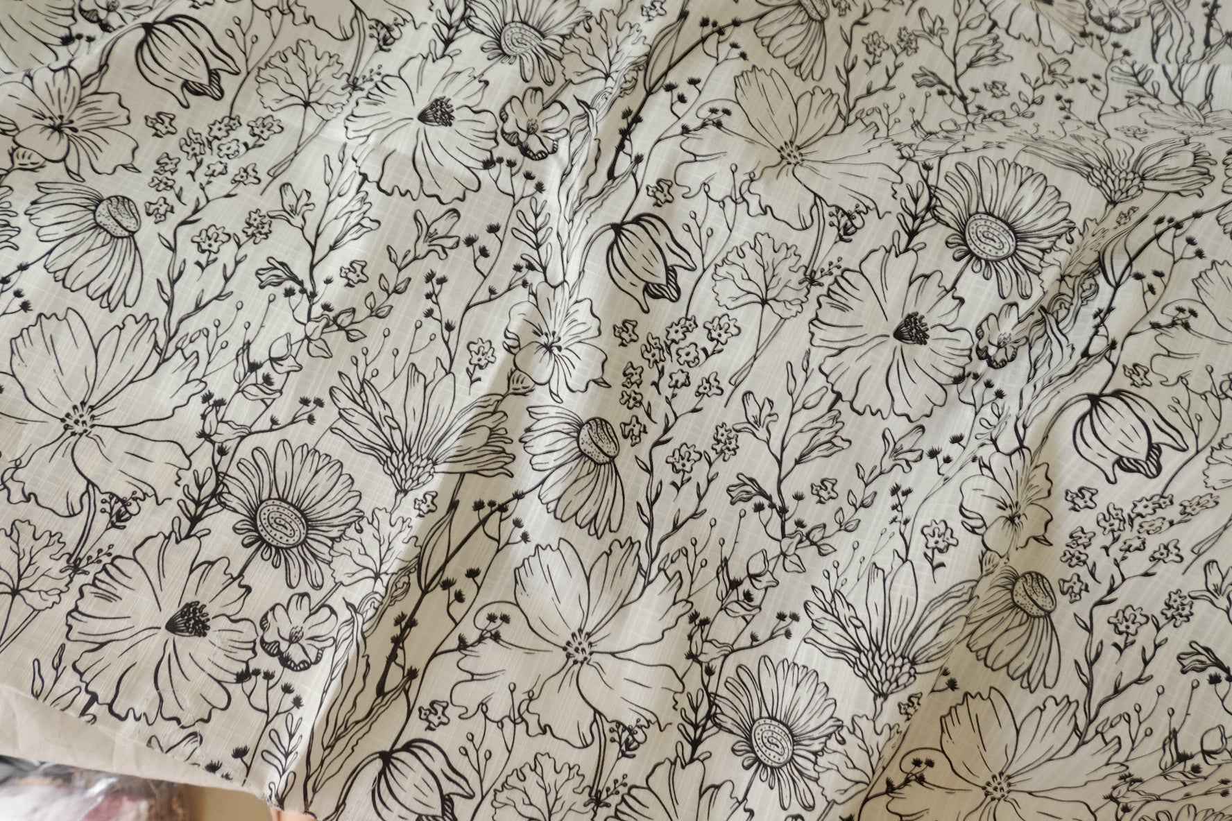 Black Line Floral Slub Cotton Fabric – 1.6 yd