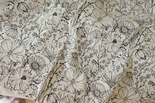 Black Line Floral Slub Cotton Fabric – 1.6 yd