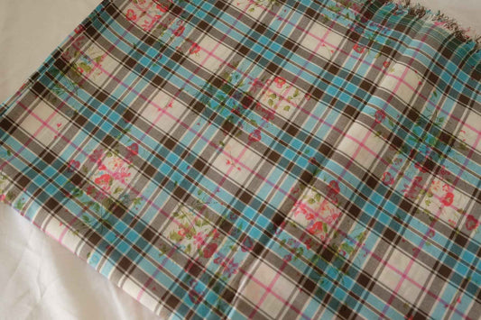 Aqua & Brown Floral Plaid Cotton – 3.3 yd