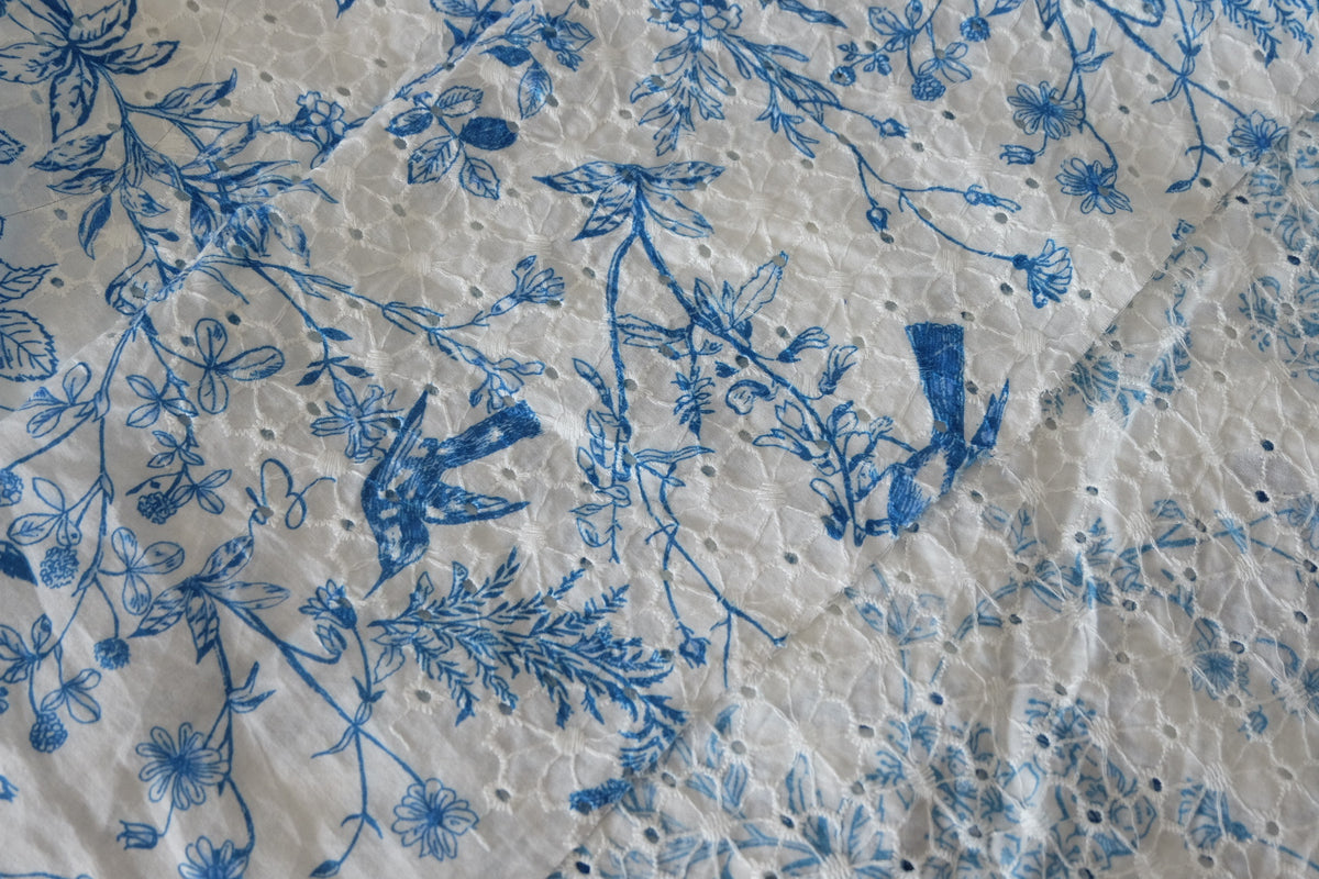 Blue Floral Bird Cotton Eyelet Fabric – 2.6 yd