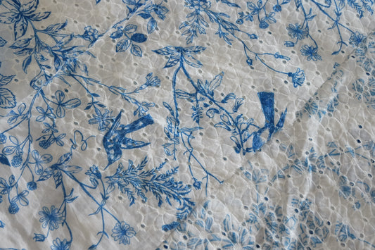 Blue Floral Bird Cotton Eyelet Fabric – 2.6 yd