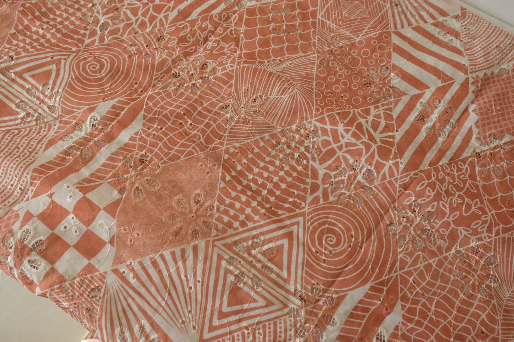 Coral Geometric Embroidered Tencel Cotton Fabric - 2.5 yd