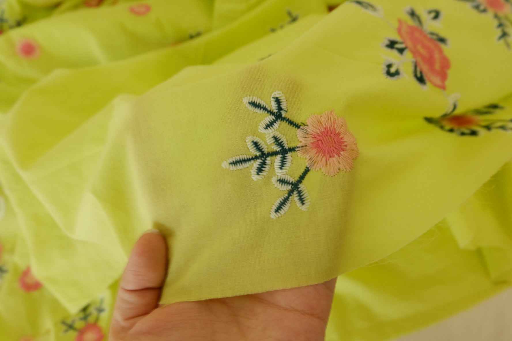 Lime Green Double Border Embroidered Cotton Fabric – 2.5 yd