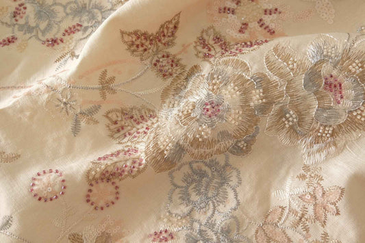 Champagne Beaded Floral Embroidered Linen Cotton – 2.2 yd