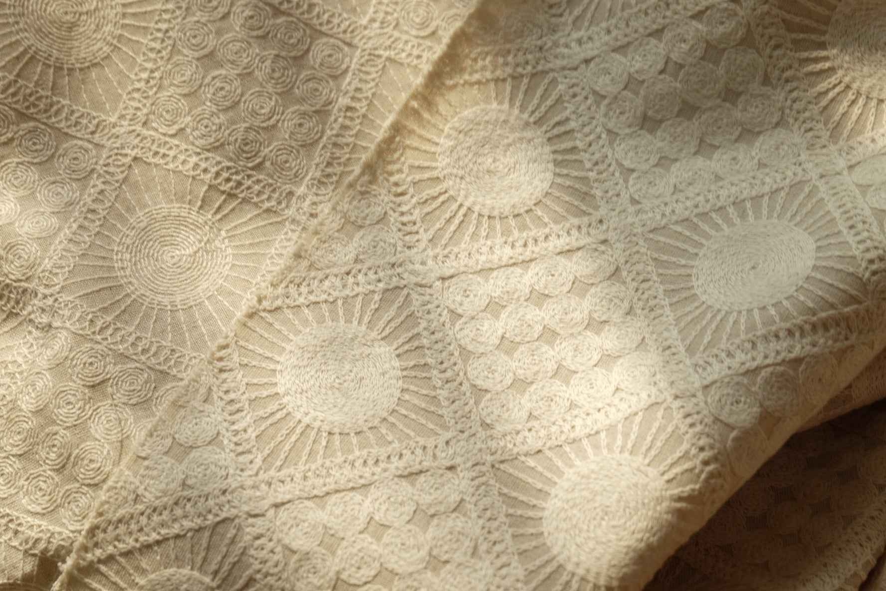 Ivory Embroidered Linen Cotton Fabric, Sold by the yard
