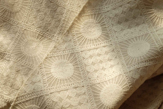 Ivory Embroidered Linen Cotton Fabric, Sold by the yard