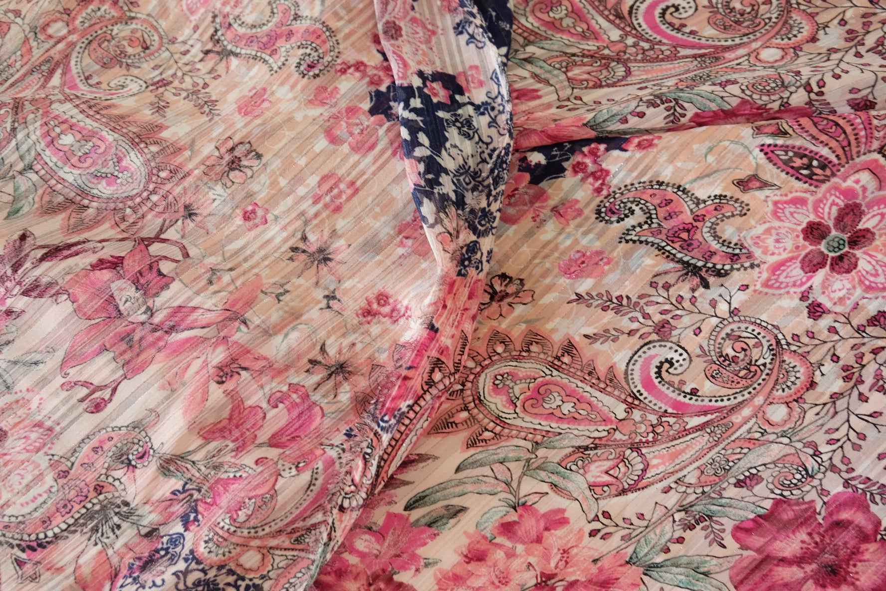 Floral Paisley Silver Lurex Chiffon Fabric – Pink Boho Print – 2.7 yd Cut