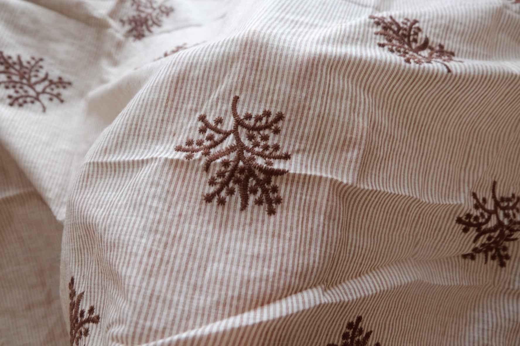 Brown Embroidered Stripe Cotton-Linen Fabric - 1.59 yd