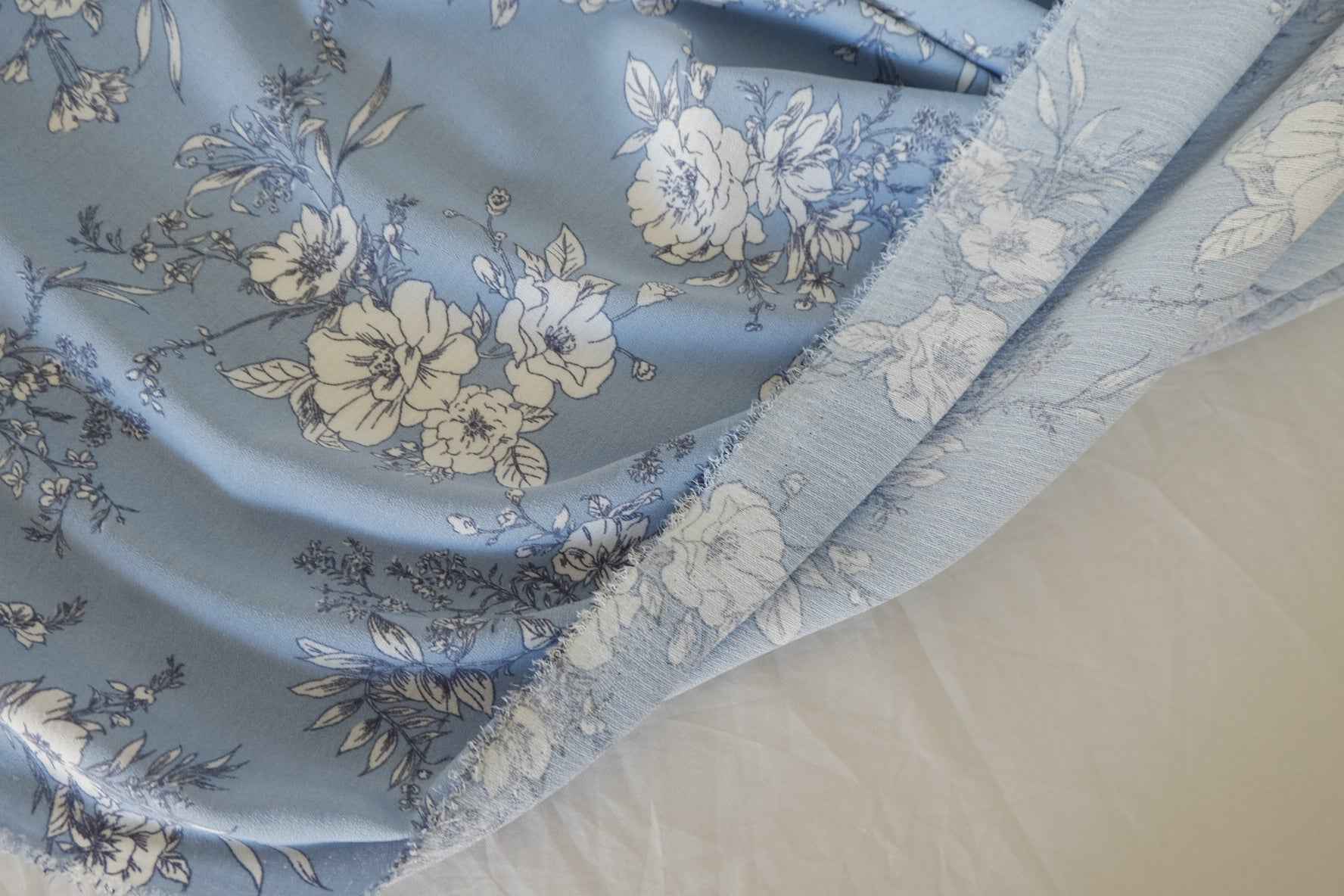 Blue Sketch Floral Viscose Rayon Fabric – 3.3 yd