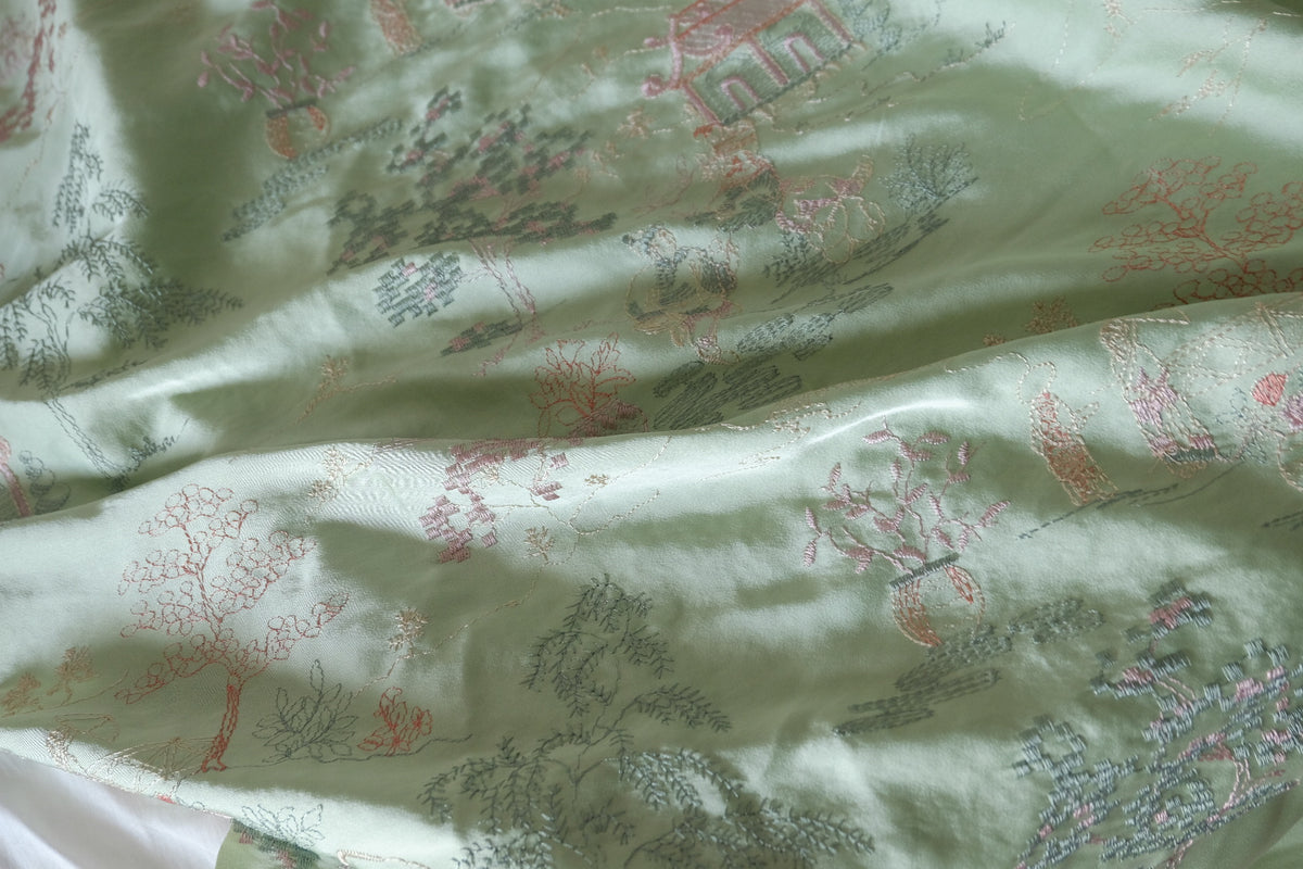 Sage Green Oriental Garden Embroidered Satin – 2.19 yd