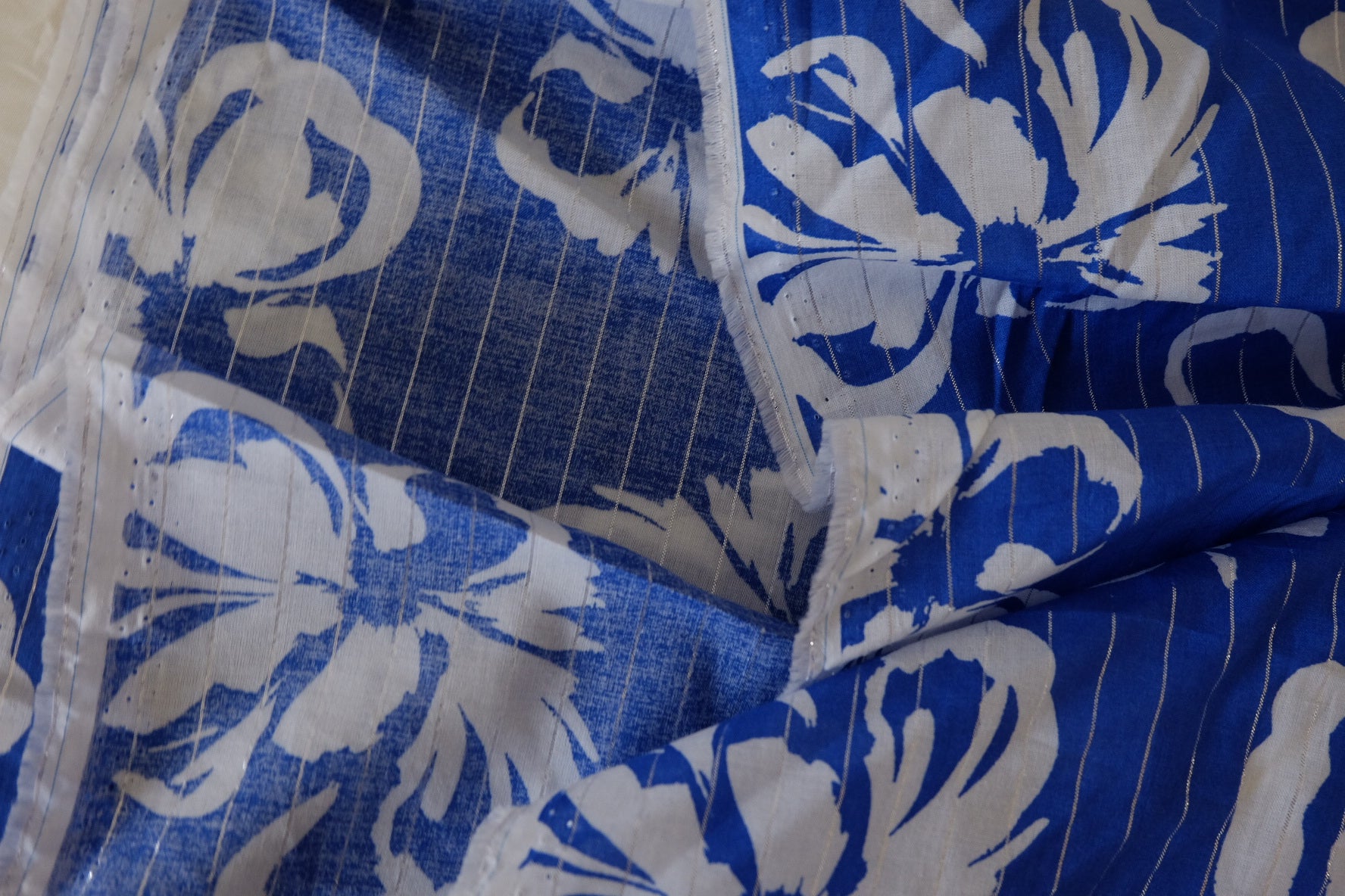 Blue Floral Metallic Stripe Cotton Fabric – 3.3 yd