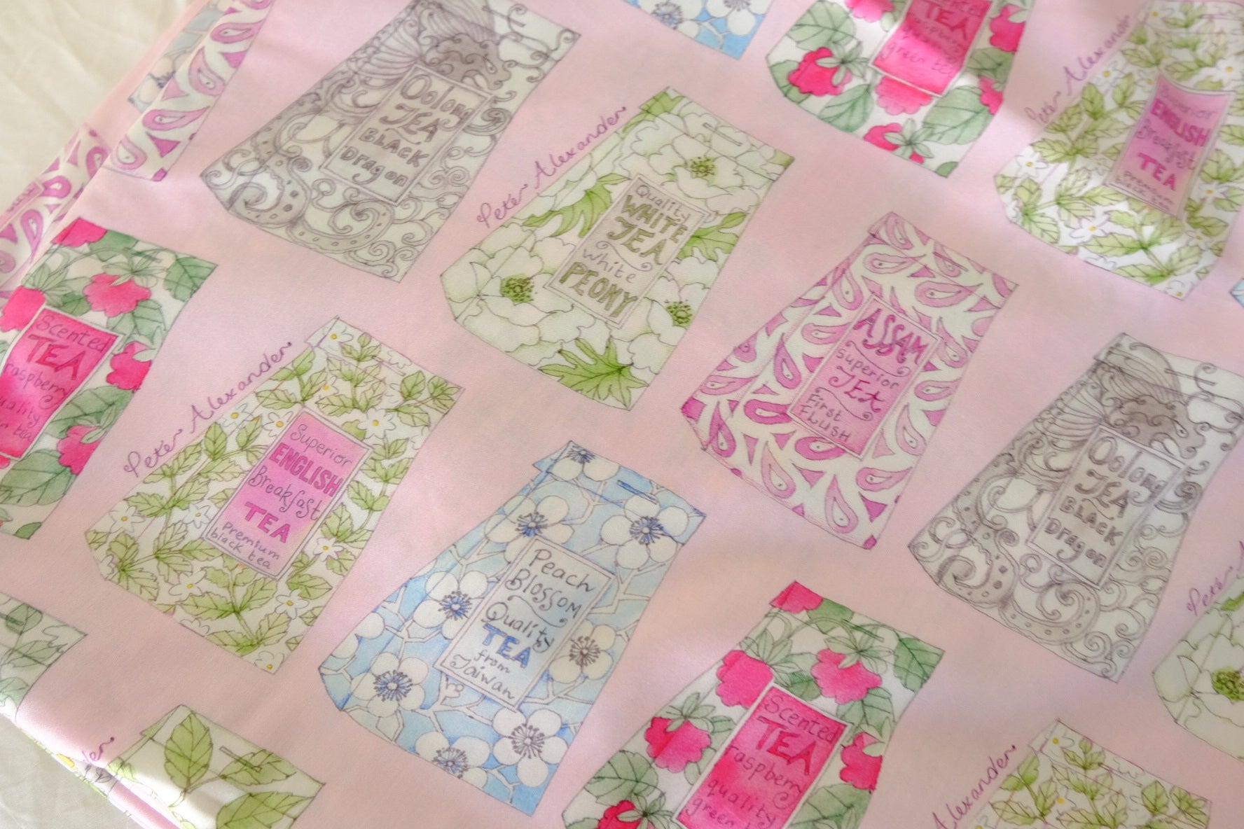 Tea Packet Print 80s Cotton Sateen Fabric – 2.2 yd