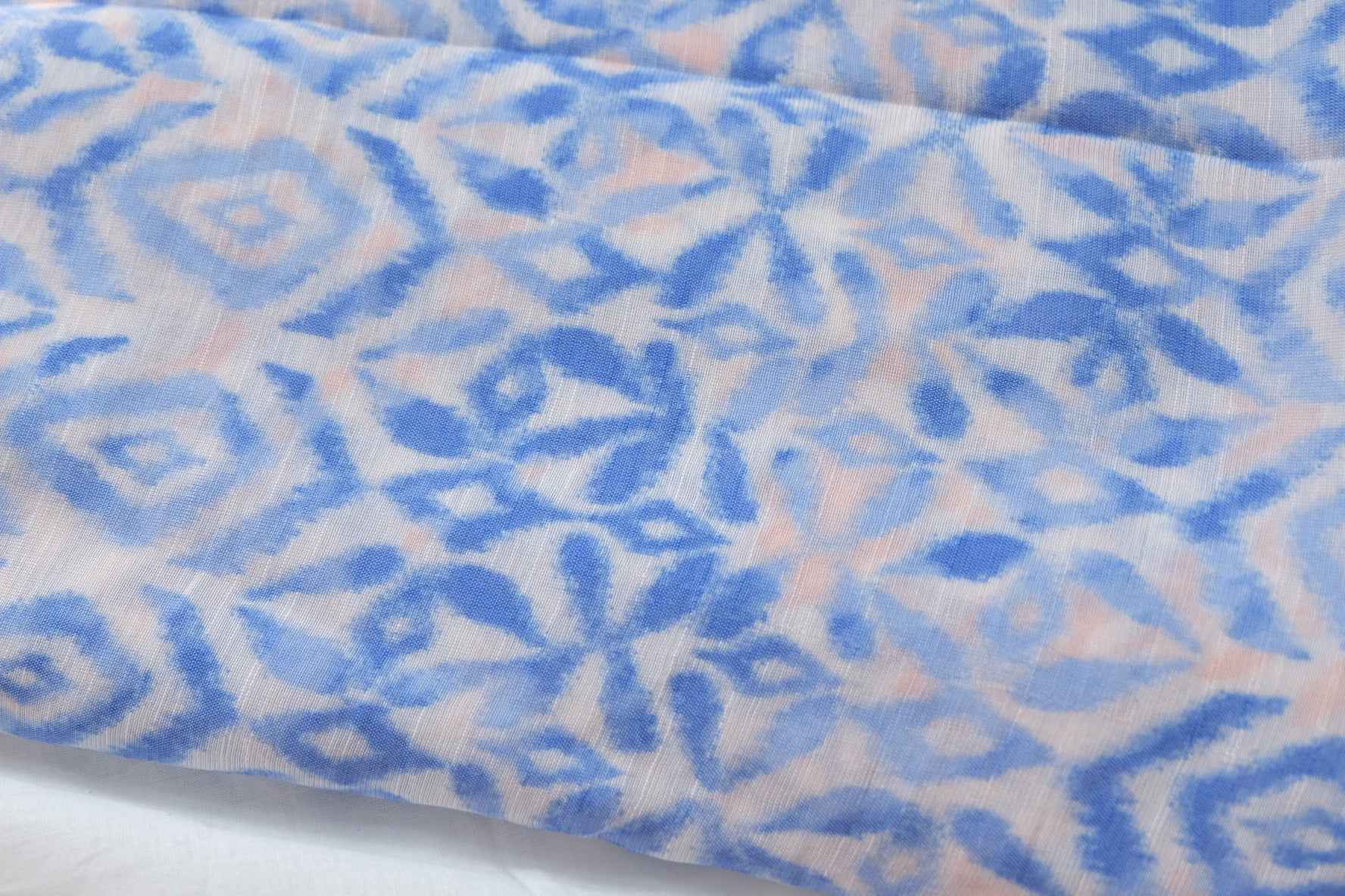 Blue Ikat Tencel Cotton Linen Fabric, Soft Drapey Summer Weight, 3.28 Yards