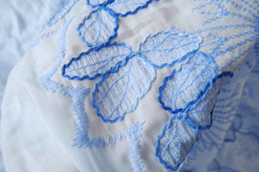 Allover Embroidered Cotton Fabric, Soft Blue on White, 1.64 Yards