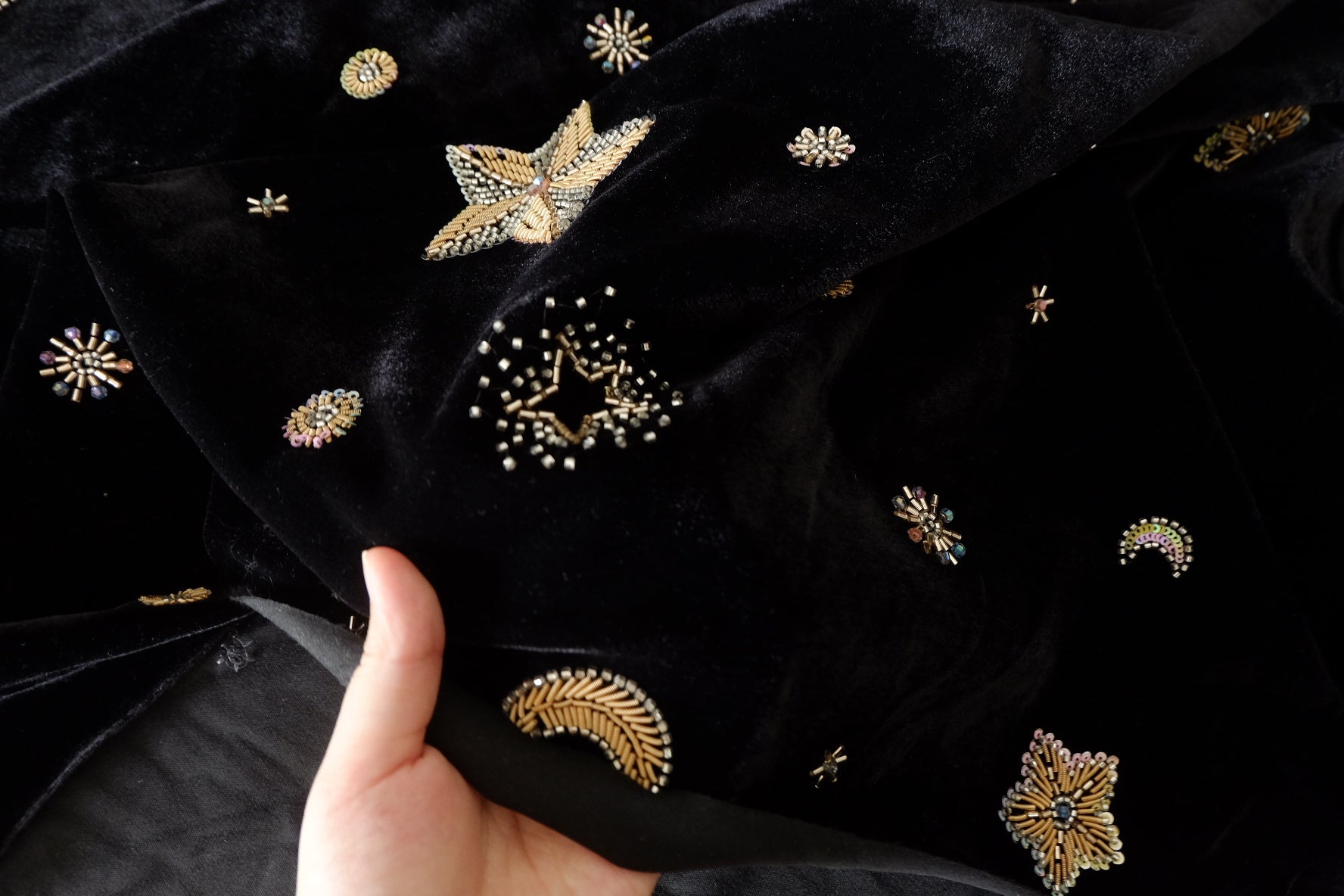 Celestial Beaded Black Velvet – 1.6 yd
