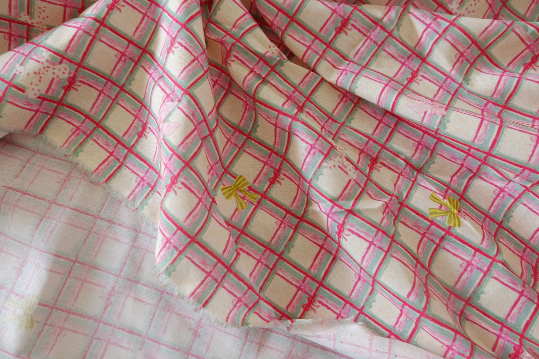 Pink Ribbon Plaid 60s Cotton Fabric – 2.73 yd
