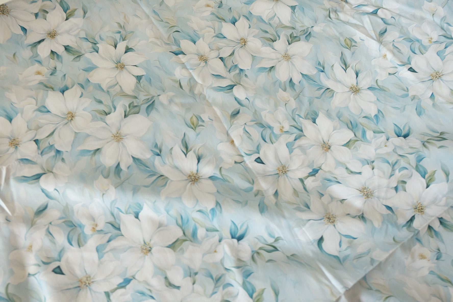 White Magnolia Floral Cotton Poplin Fabric – Soft Blue – 3.3 yd