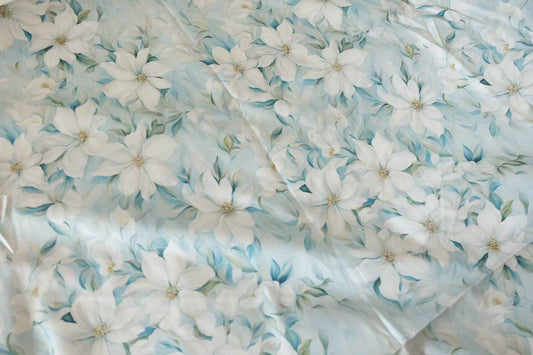 White Magnolia Floral Cotton Poplin Fabric – Soft Blue – 3.3 yd