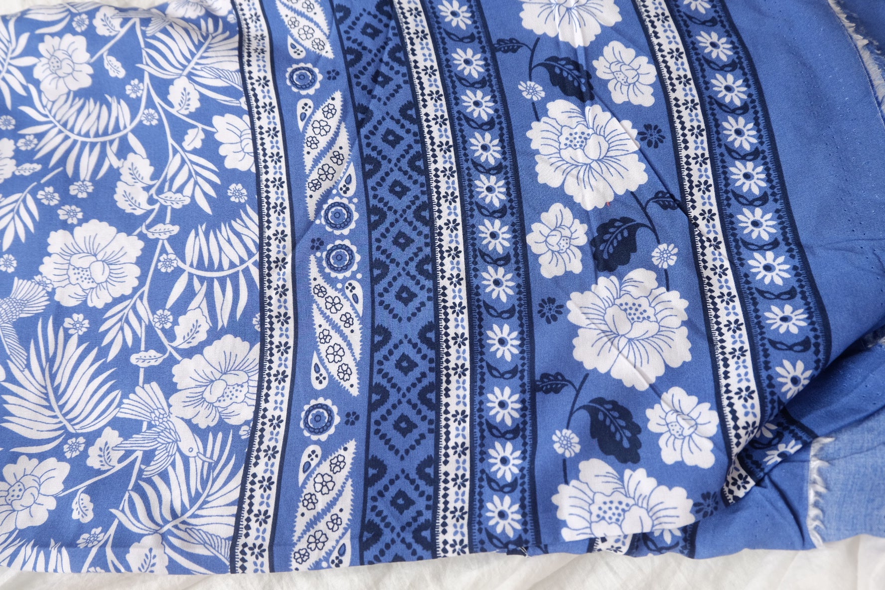Double Border Bird & Floral Rayon Fabric in Blue and White, 3.3 Yards