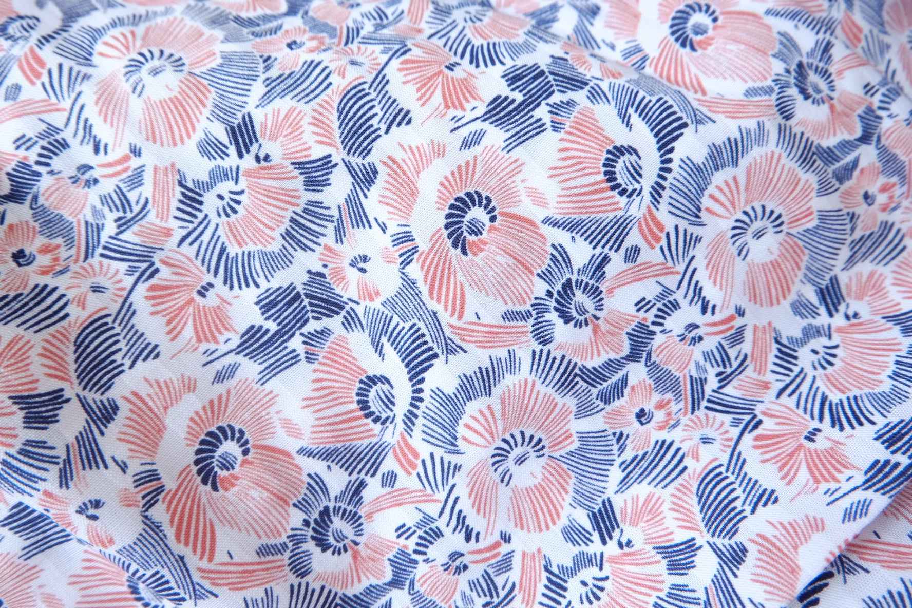 Cotton Poplin Floral Fabric, Pink and Blue Abstract Bloom Print, 2.19 Yards