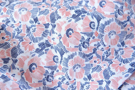 Cotton Poplin Floral Fabric, Pink and Blue Abstract Bloom Print, 2.19 Yards