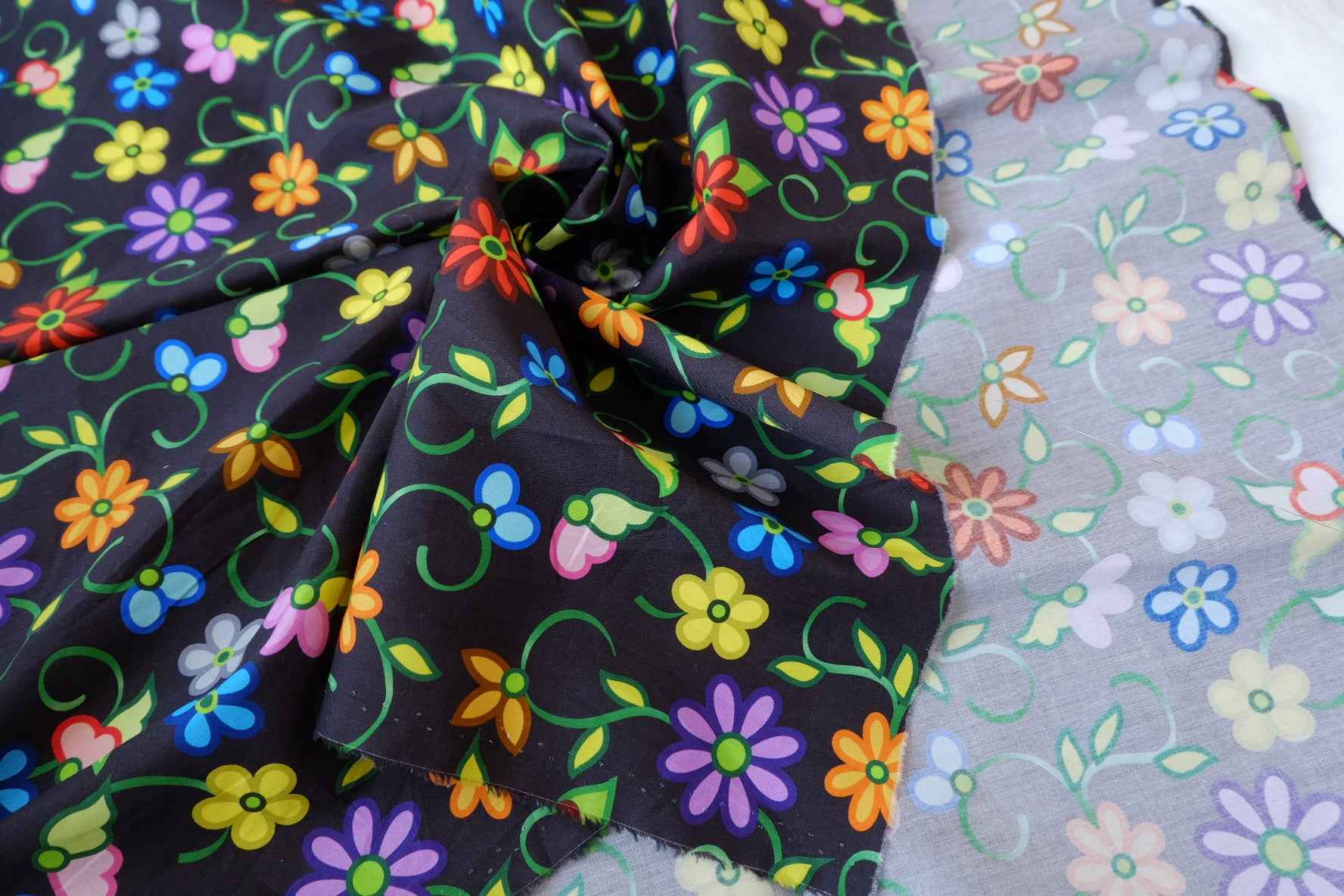 Colorful Retro Floral Cotton Poplin Fabric - 2.19 yd