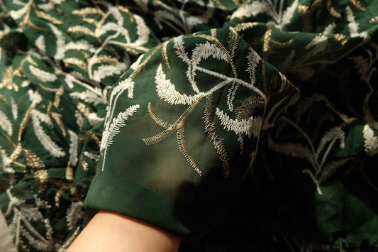 Emerald Green Embroidered Mesh Fabric with Gold Thread, 2.73 Yards