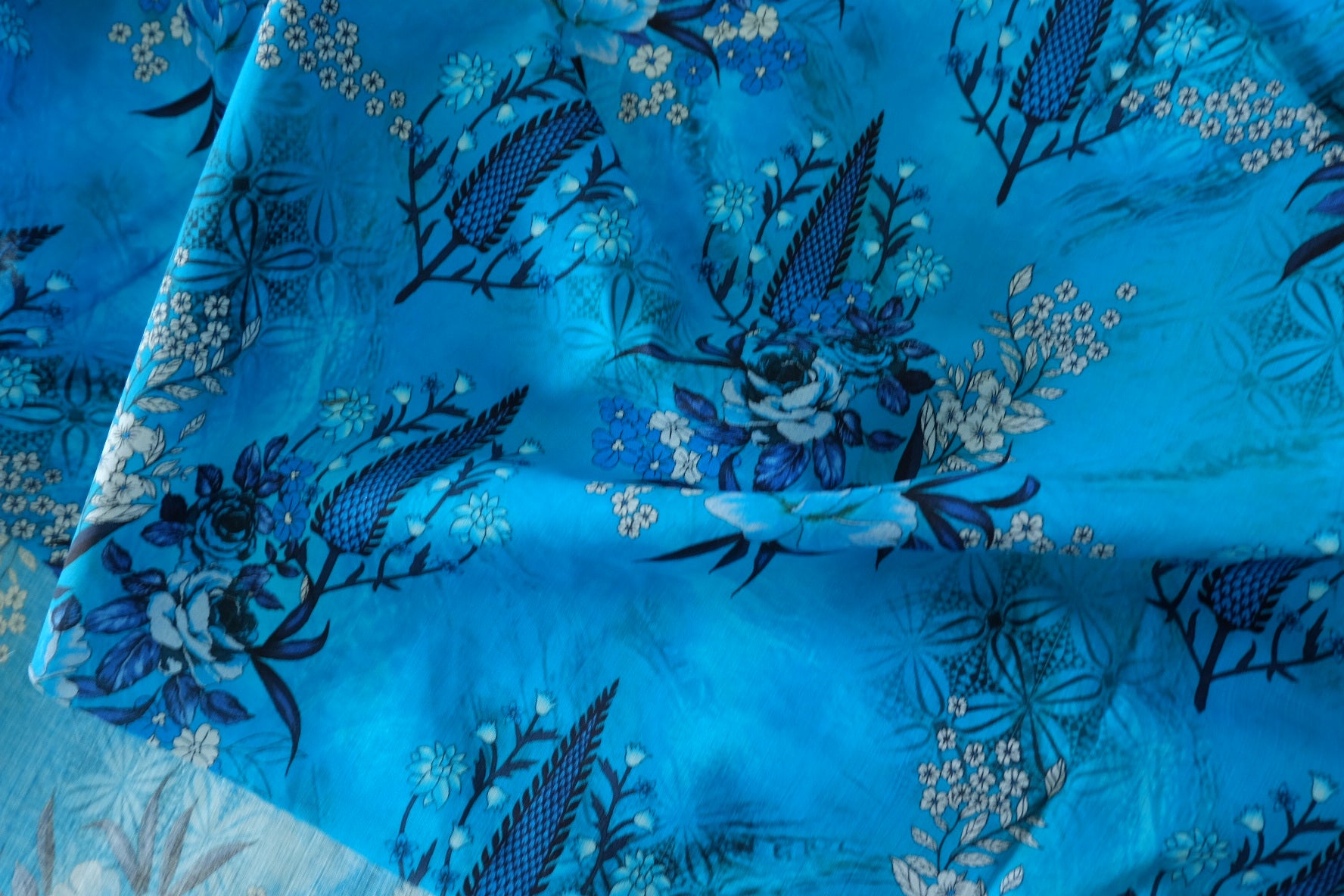 Turquoise Blue Floral Lightweight Cotton Lawn Fabric – 3.3 yd