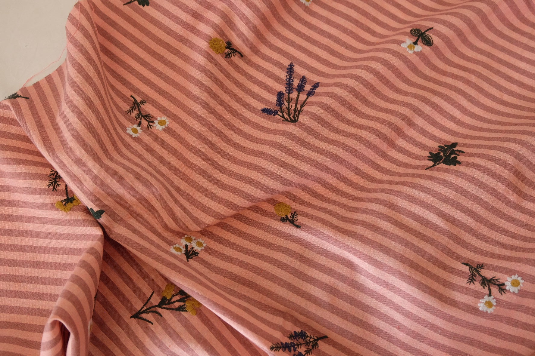 Embroidered Linen Cotton Stripe Fabric – Pink Woven Texture – 1.4 yd
