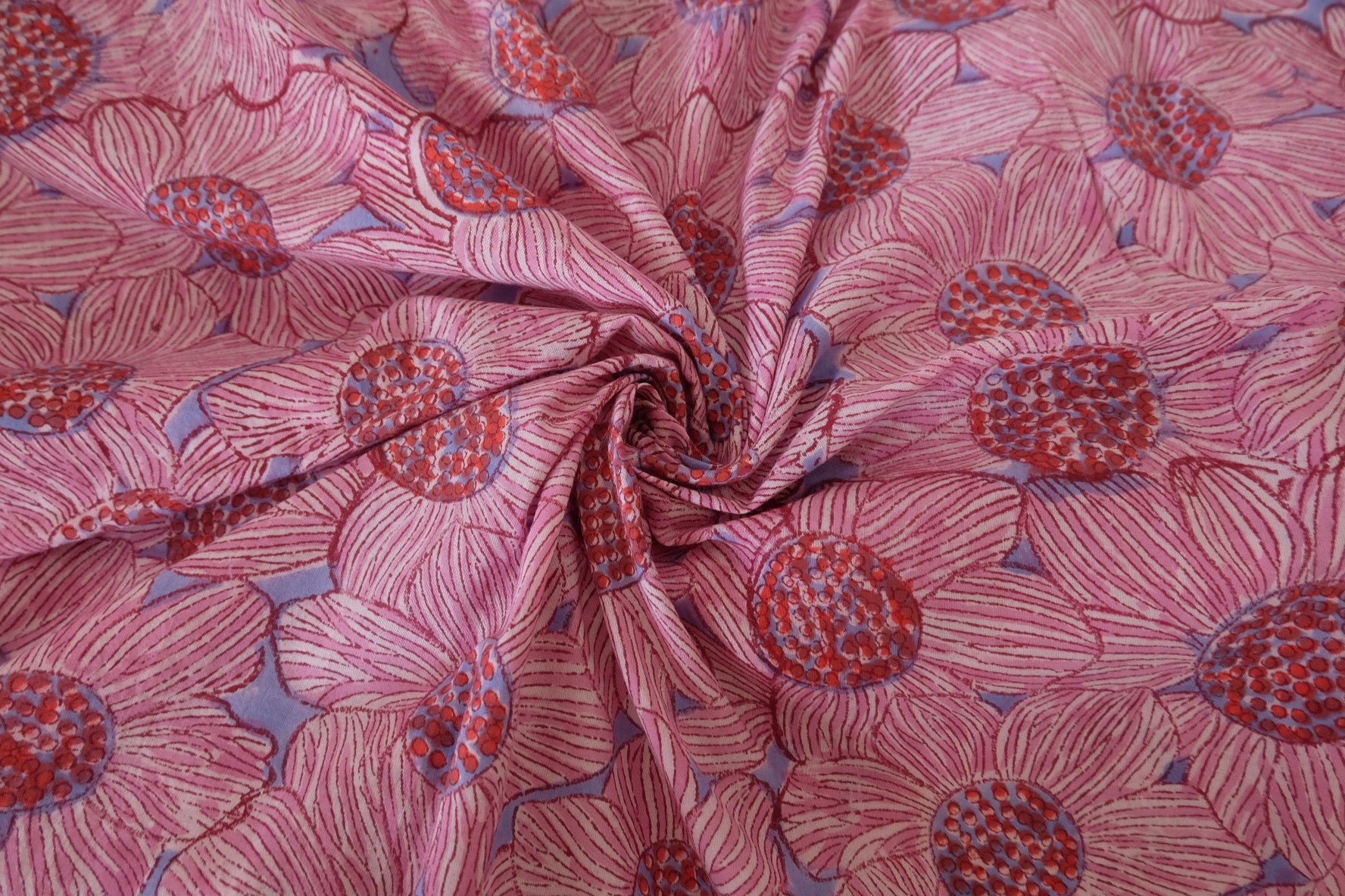 Hand Block Printed Indian Cotton Fabric – Pink Lotus Floral – Sold by the Meter